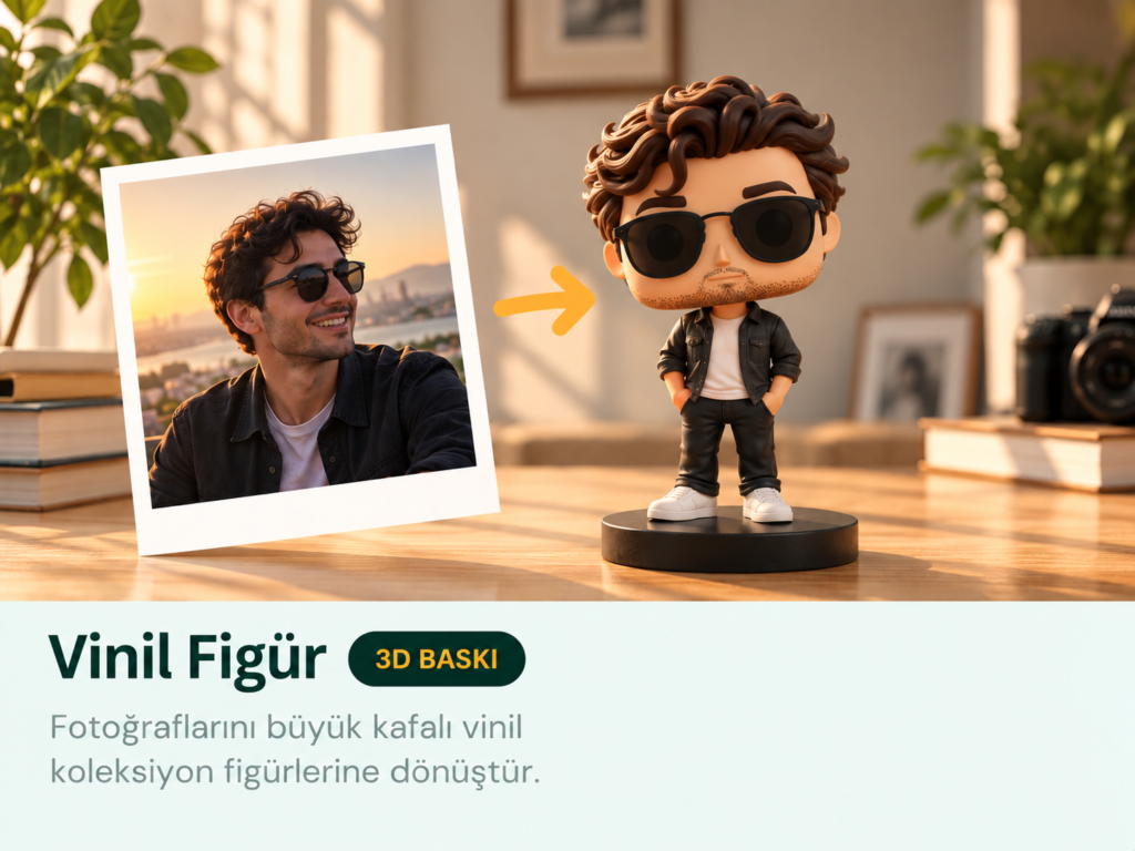 Fotoğraftan büyük kafalı vinil tarzı figür örneği: fotoğraf ve 3D baskı figür yan yana